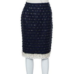 Oscar de la Renta Navy Blue Synthetic & Faux Leather Trim Pencil Skirt M, Skirts - Luxury Closet catalog