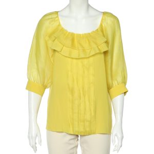 Oscar De La Renta Yellow Silk Organza Ruffle Detail Sheer Top L, Shirts & Tops - Luxury Closet catalog