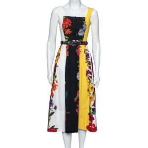 Oscar de la Renta Multicolor Floral Printed Cotton Pleated and Button Front Belted Midi Dress XS, Dresses - Luxury Closet catalog