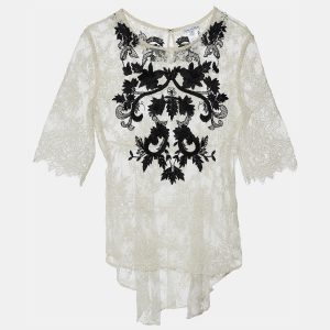 Oscar de la Renta White Lace Contrast Embroidery High Low Hem Top M, Shirts & Tops - Luxury Closet catalog