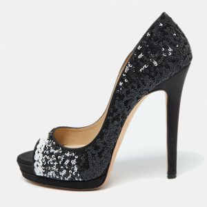 Oscar de la Renta Black Satin and Sequins Peep Toe Platform Pumps Size 38.5, Pumps - Luxury Closet catalog