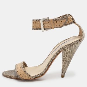 Oscar de la Renta Beige/Brown Snakeskin Ankle Strap Sandals Size 37.5, Sandals - Luxury Closet catalog