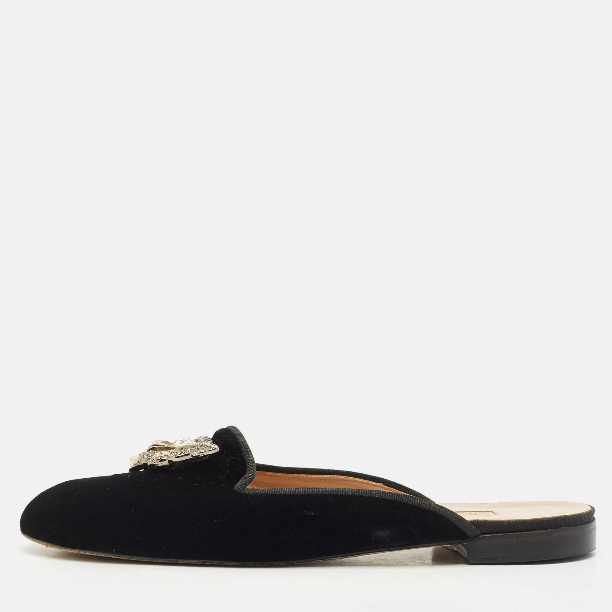 Oscar de la Renta Black Velvet Crystals Embellished Flat Mules Size 41, Flats - Luxury Closet catalog