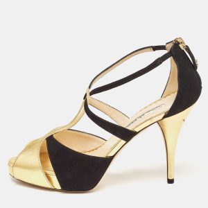 Oscar de la Renta Gold/Black Leather and Suede Ankle Strap Sandals Size 36.5, Sandals - Luxury Closet catalog