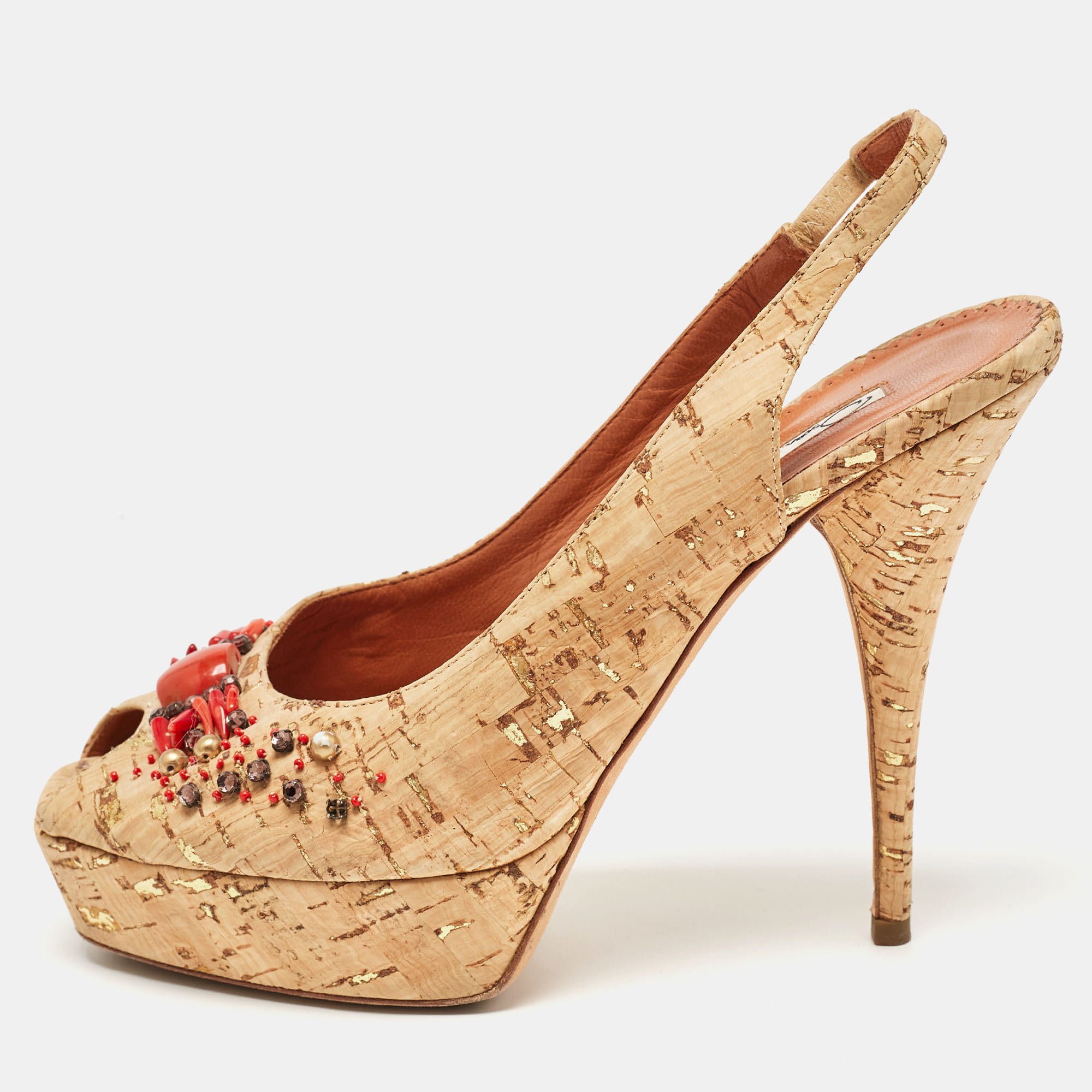 Oscar De La Renta Brown Cork Embellished Slingback Platform Pumps Size 37.5, Pumps - Luxury Closet catalog