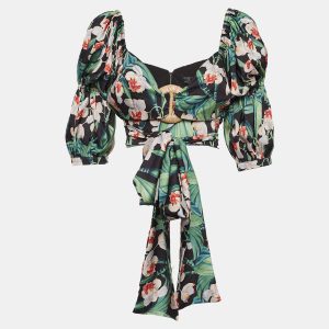 PATBO Green Floral Print Satin Off-Shoulder Tie-Up Top L, Shirts & Tops - Luxury Closet catalog