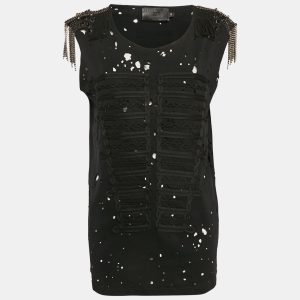 Philipp Plein Couture Black Shoulders Embellished Distressed Top XS, Shirts & Tops - Luxury Closet catalog
