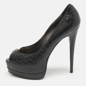 Philipp Plein Black Croc Embossed Leather Skull Peep Toe Platform Pumps Size 38, Pumps - Luxury Closet catalog