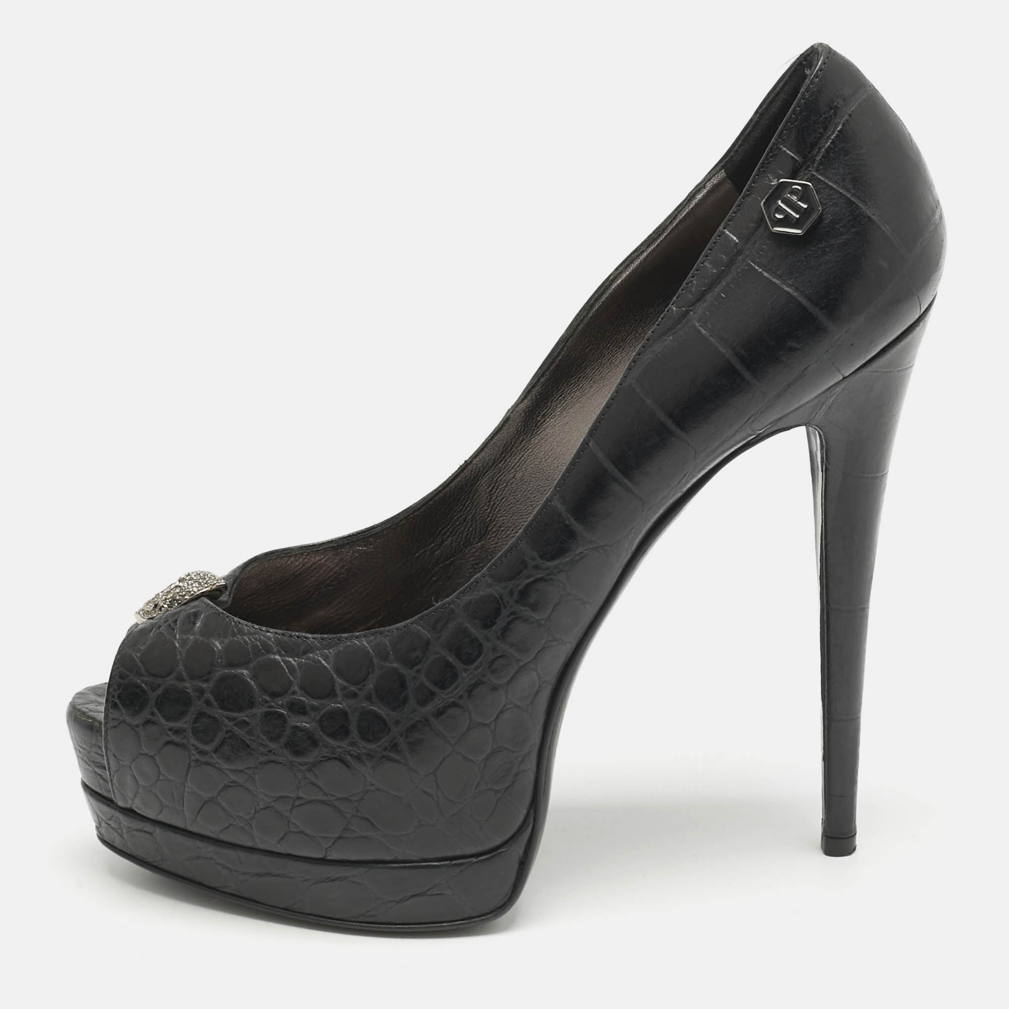 Philipp Plein Black Croc Embossed Leather Skull Peep Toe Platform Pumps Size 38, Pumps - Luxury Closet catalog