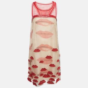 Philosophy di Alberta Ferretti Red/Beige Lip Applique Tulle Dress S, Dresses - Luxury Closet catalog