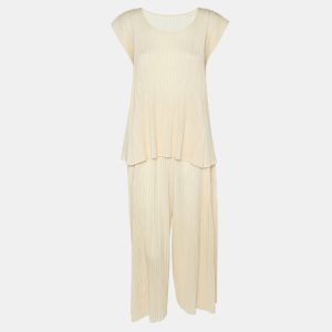 Pleats Please by Issey Miyake Cream Plisse Top and Pant Set S, Suits - Luxury Closet catalog