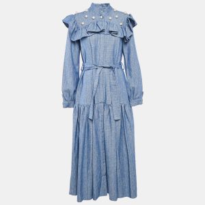 Poca & Poca Blue Canvas Ruffled Bead Detail Maxi Dress M, Dresses - Luxury Closet catalog