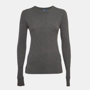 Polo Ralph Lauren Grey Suede Trim Rib Knit Sweatshirt M, Sweaters & Cardigans - Luxury Closet catalog