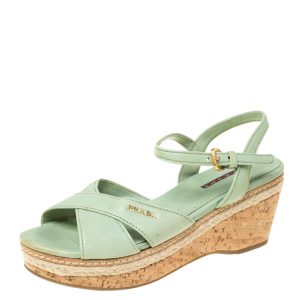 Prada Green Leather Ankle Strap Platform Espadrille Sandals Size 36, Sandals - Luxury Closet catalog