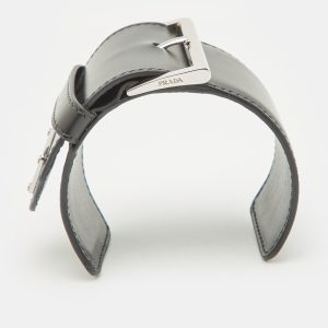 Prada Triangle Black Leather Silver Tone Wide Open Cuff Bracelet, Jewelry - Luxury Closet catalog