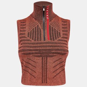 Prada Orange Melange Jersey Zip-Up Sleeveless Top S, Shirts & Tops - Luxury Closet catalog