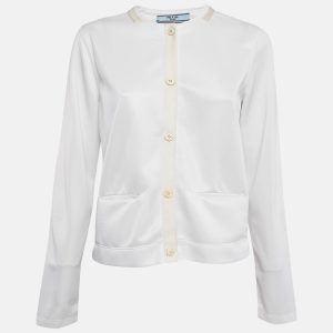 Prada White Jersey Button Front Silk Trimmed Blouse L, Shirts & Tops - Luxury Closet catalog