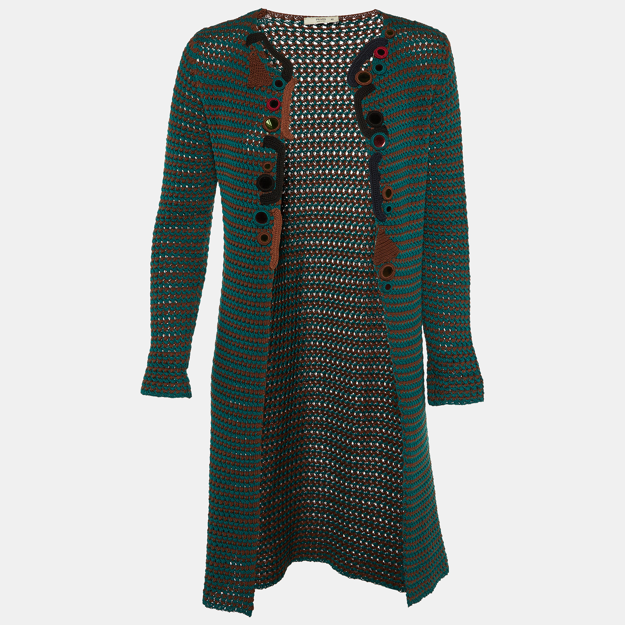 Prada Brown/Teal Crochet Knit Open Front Cardigan S, Sweaters & Cardigans - Luxury Closet catalog