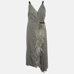 Prada Grey Checked Wool Feather Trim Pleated Wrap Dress L, Dresses - Luxury Closet catalog