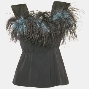 Prada Black Crepe Feather Trim Ruched Top M, Shirts & Tops - Luxury Closet catalog