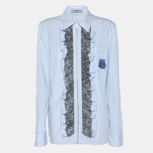 Prada Blue/White Striped Cotton Brocade Ruffle Detail Button Front Shirt M, Shirts & Tops - Luxury Closet catalog