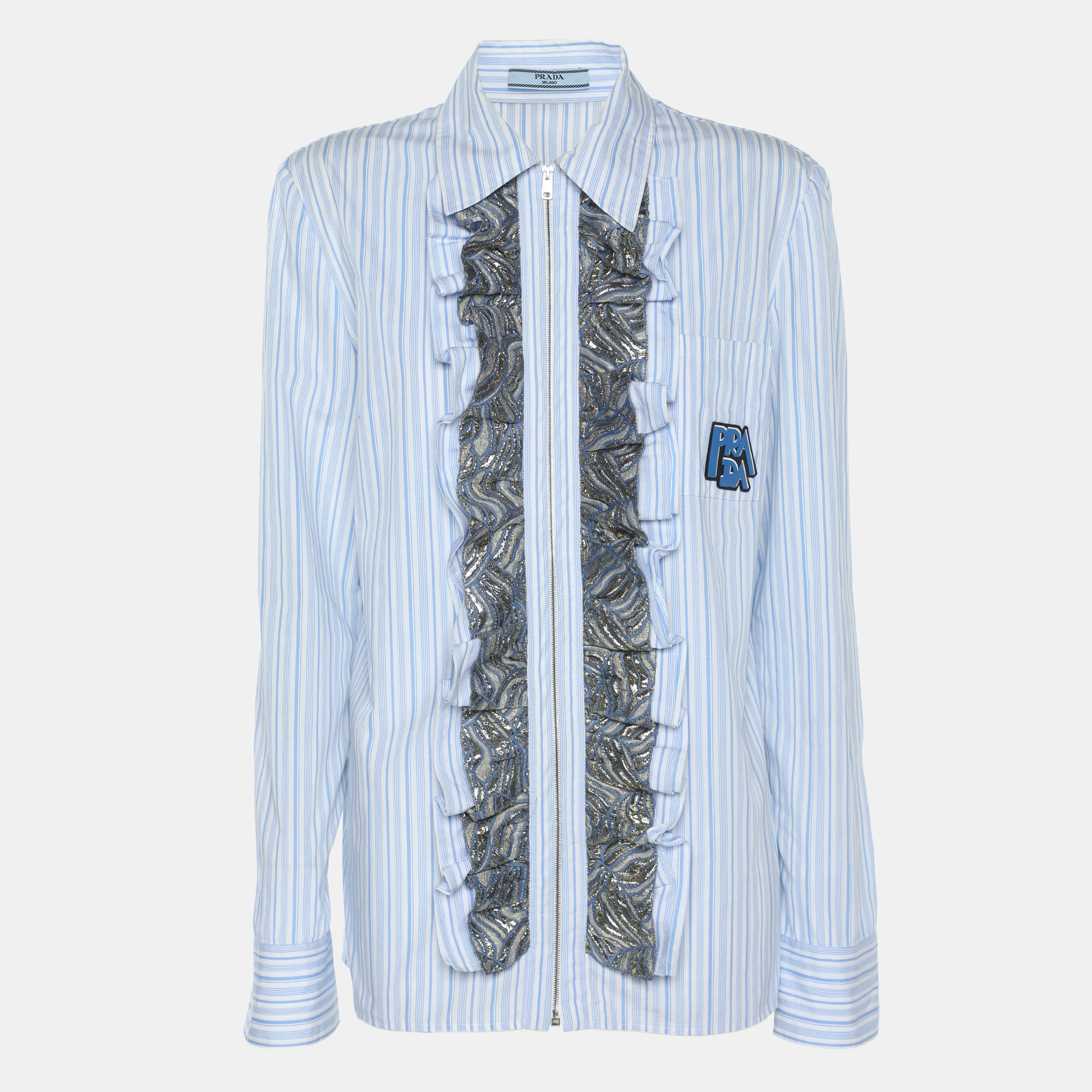Prada Blue/White Striped Cotton Brocade Ruffle Detail Button Front Shirt M, Shirts & Tops - Luxury Closet catalog