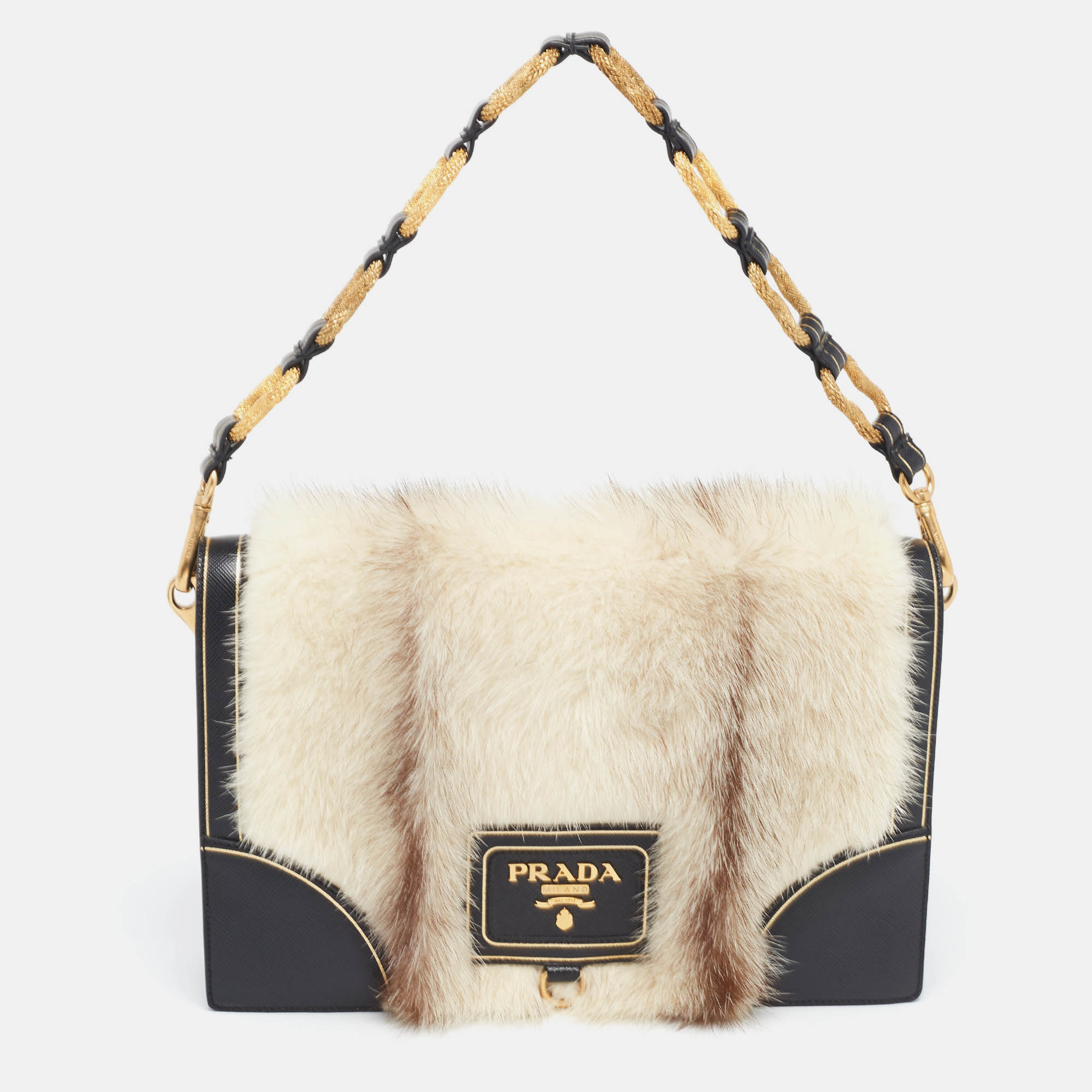 Prada Off White/Black Mink Fur and Saffiano Leather Flap Bag, Shoulder Bags - Luxury Closet catalog