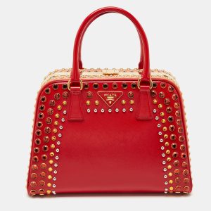Prada Red/Peach Saffiano Patent Leather Pyramid Frame Satchel, Satchels - Luxury Closet catalog