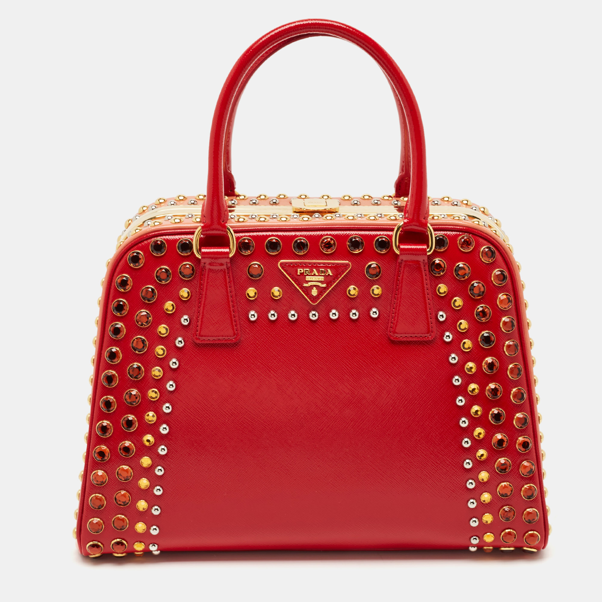 Prada Red/Peach Saffiano Patent Leather Pyramid Frame Satchel, Satchels - Luxury Closet catalog