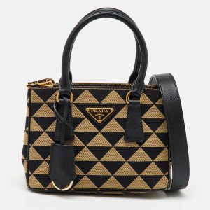 Prada Beige/Black Jacquard Triangolo and Saffiano Leather Mini Galleria Double Zip Tote, Tote Handbags - Luxury Closet catalog