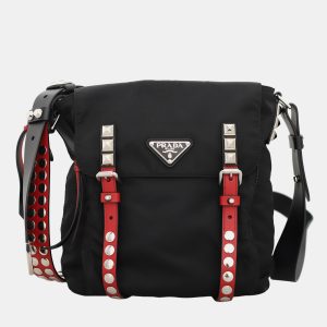 Prada Black & Red Leather and Nylon New Vela Studded Messenger Bag, Handbags - Luxury Closet catalog