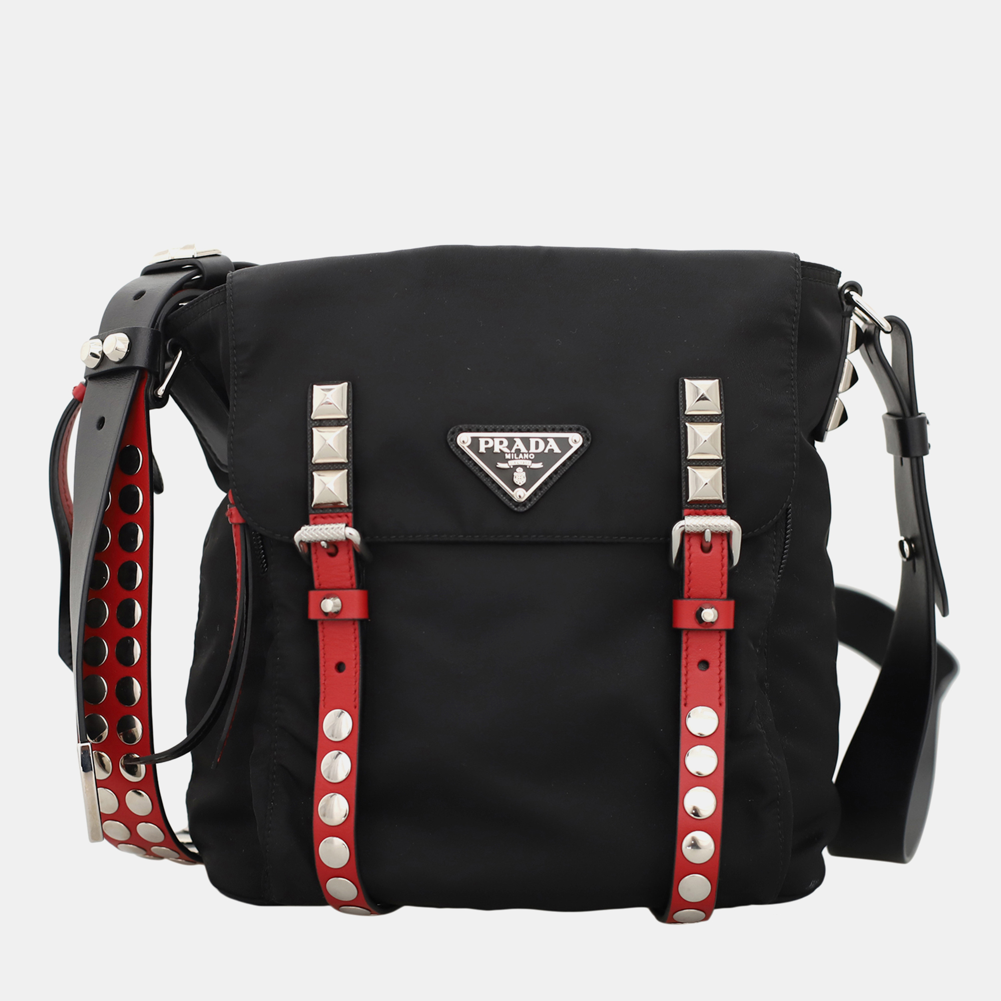Prada Black & Red Leather and Nylon New Vela Studded Messenger Bag, Handbags - Luxury Closet catalog
