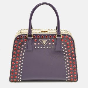 Prada Purple/Grey Saffiano Patent Leather Studded Pyramid Frame Satchel, Satchels - Luxury Closet catalog
