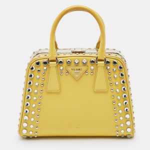 Prada Yellow/Cream Saffiano Patent Leather Small Studded Pyramid Frame Bag, Satchels - Luxury Closet catalog
