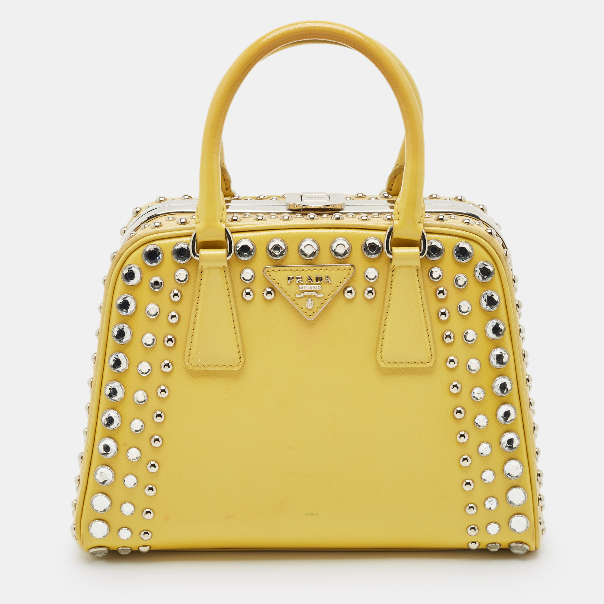 Prada Yellow/Cream Saffiano Patent Leather Small Studded Pyramid Frame Bag, Satchels - Luxury Closet catalog