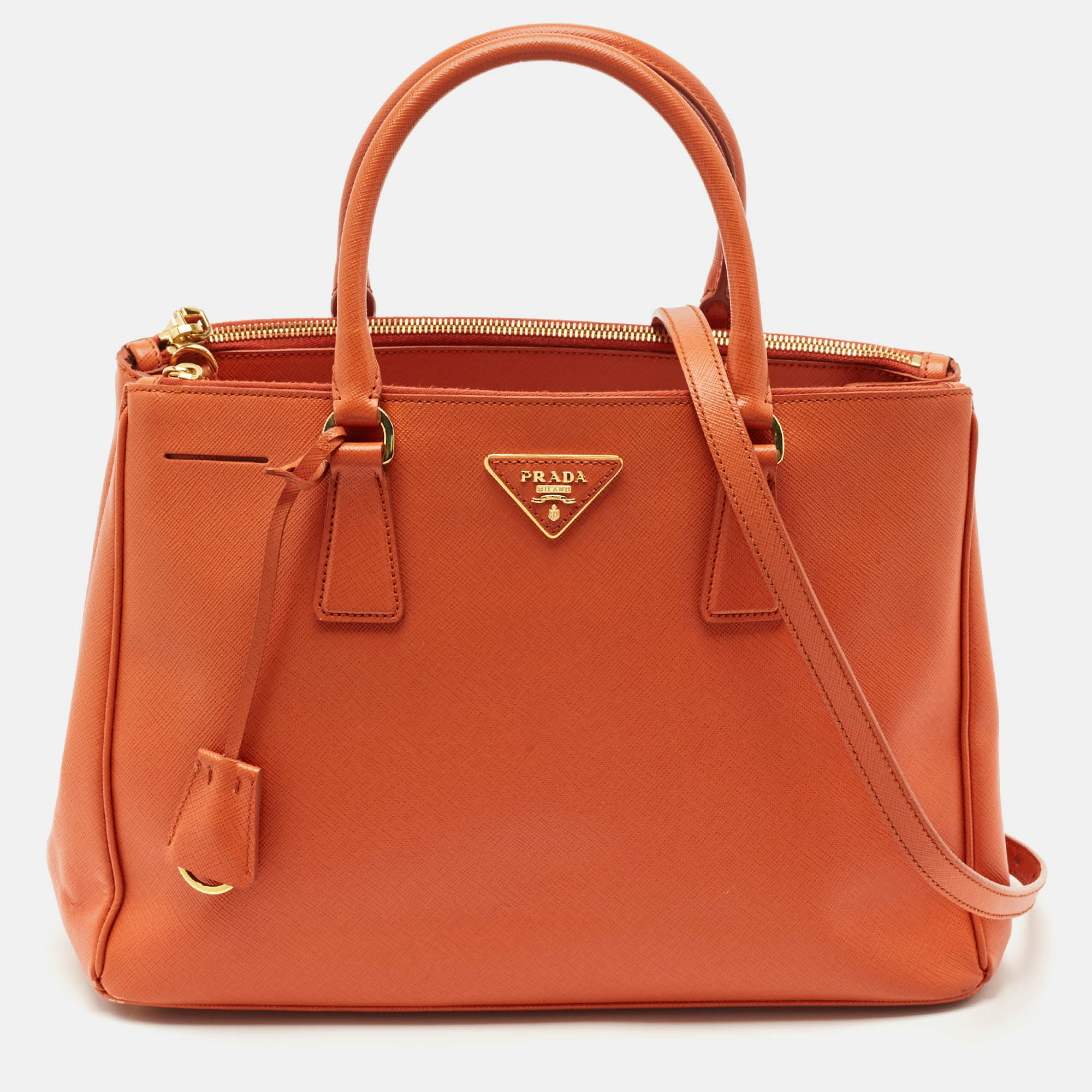 Prada Orange Saffino Lux Leather Medium Double Zip Tote, Tote Handbags - Luxury Closet catalog