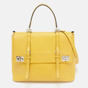Prada Yellow Saffiano Cuir Leather Double Turn Lock Top Handle Bag, Satchels - Luxury Closet catalog