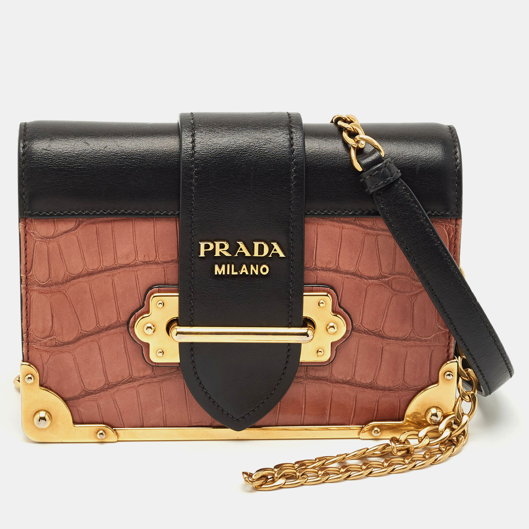 Prada Black/Beige Crocodile and Leather Cahier Flap Shoulder Bag, Shoulder Bags - Luxury Closet catalog