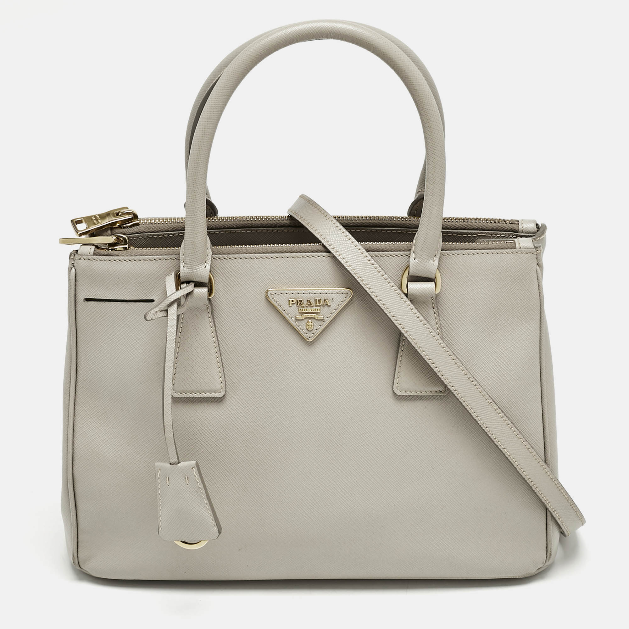 Prada Light Grey Saffiano Leather Small Galleria Double Zip Tote, Tote Handbags - Luxury Closet catalog
