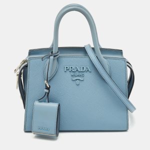 Prada Light Blue Saffiano Leather Small Monochrome Tote, Tote Handbags - Luxury Closet catalog
