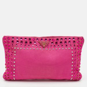 Prada Pink Canvas Crystal Embellished Zip Pouch Clutch, Clutches & Special Occasion Bags - Luxury Closet catalog