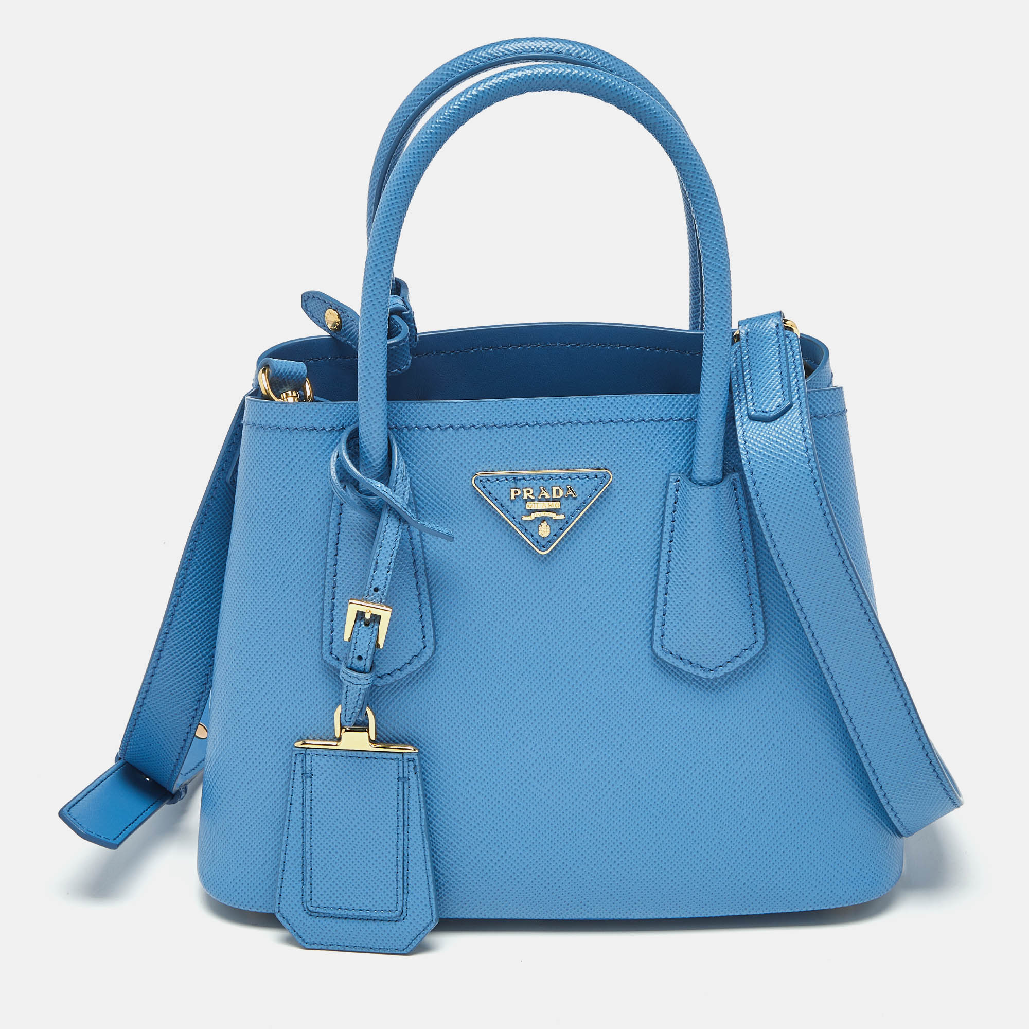 Prada Blue Saffiano Cuir Leather Mini Double Handle Tote, Tote Handbags - Luxury Closet catalog