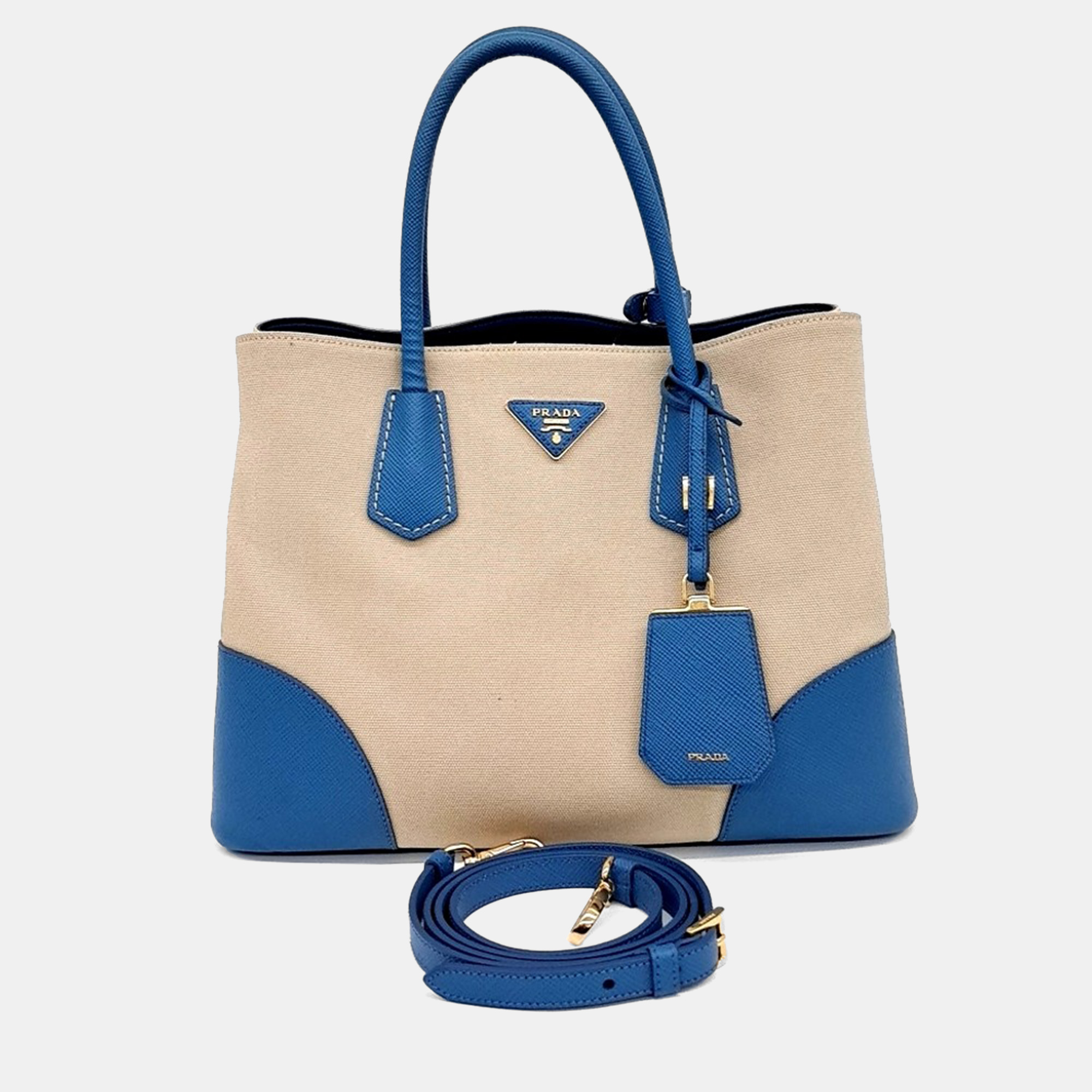 Prada Beige Blue Canvas and Saffiano Leather Canappa Saffiano Double Tote and Shoulder Bag, Tote Handbags - Luxury Closet catalog