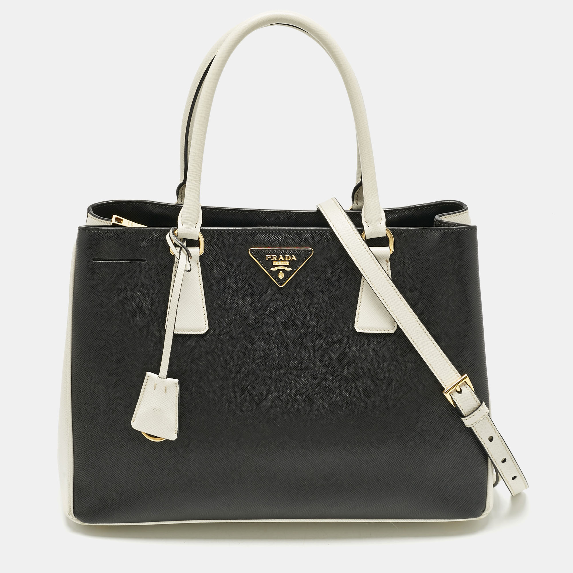 Prada Black/White Saffiano Leather Medium Open Tote, Tote Handbags - Luxury Closet catalog