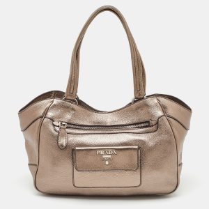 Prada Metallic Grey Leather Vitello Daino Front Pocket Shoulder Bag, Shoulder Bags - Luxury Closet catalog