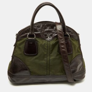 Prada Olive Green/Dark Brown Nylon and Leather Bauletto Bowler Bag, Satchels - Luxury Closet catalog