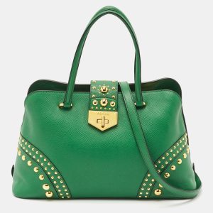 Prada Green Saffiano Leather Promenade Studded Satchel, Satchels - Luxury Closet catalog