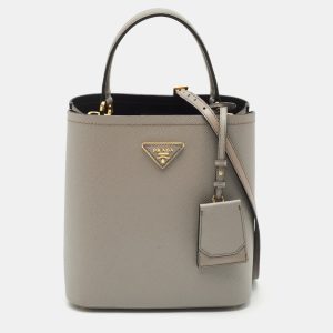 Prada Grey Saffiano Cuir Leather Medium Panier Top Handle Bag, Satchels - Luxury Closet catalog