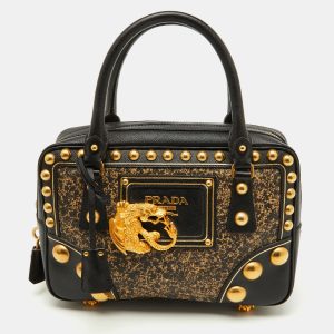 Prada Black Saffiano Leather Embellished Bauletto Bag, Satchels - Luxury Closet catalog
