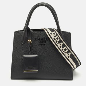 Prada Black Saffiano Cuir Leather Small Monochrome Tote, Tote Handbags - Luxury Closet catalog
